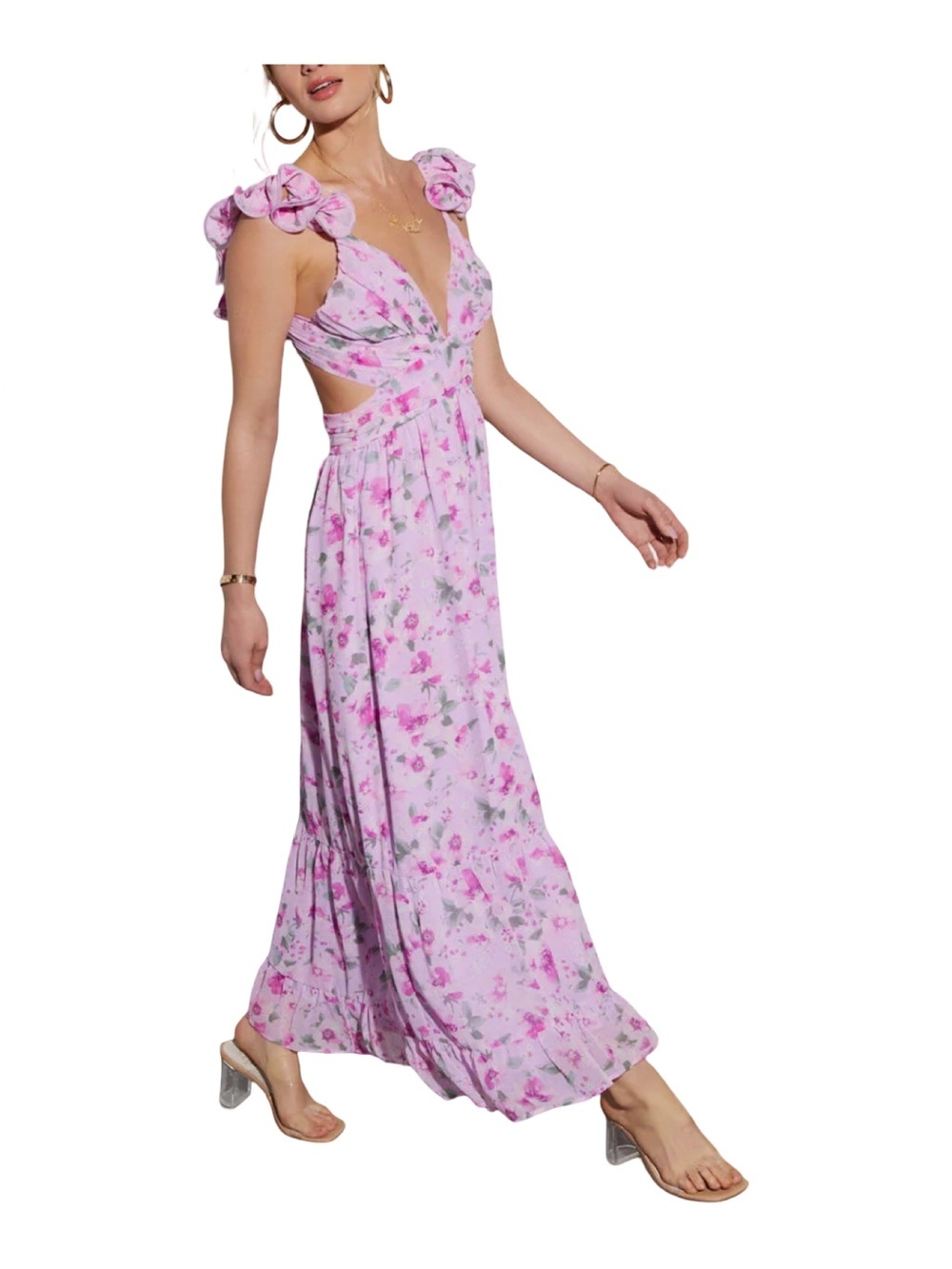 VICI Polly Floral Ruffle Cutout Maxi Dress